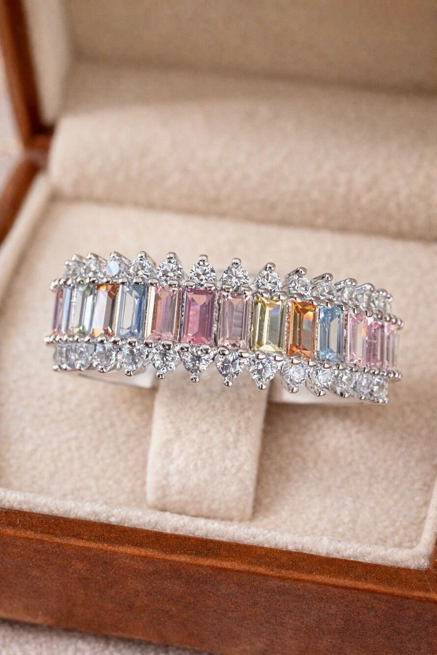 Genuine Pastel Gemstone Baguette Eternity Ring Sterling Silver Diamond CZ Accent